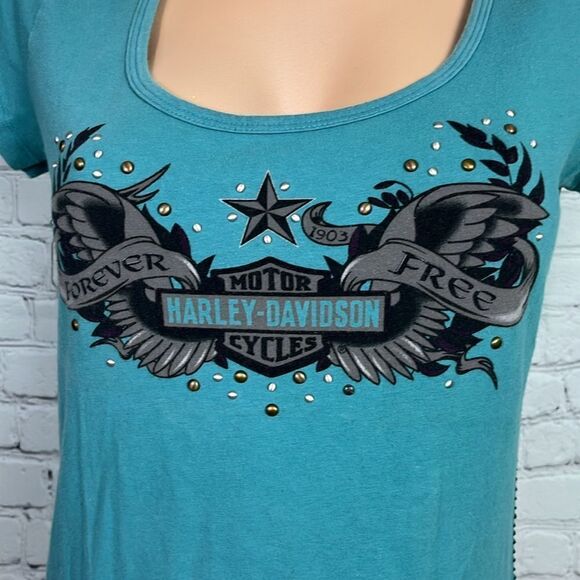 Harley-Davidson Teal Short Sleeve Scoop Neck Grommet Graphic Tee Size Medium - Picture 2 of 6